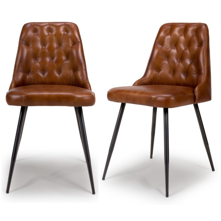 ALMOST PERFECT - Set Of 2 Real Leather Tan Dining Chair with Quilted Back - Jaxson