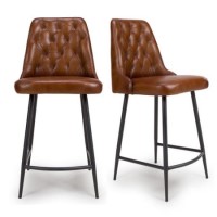 ALMOST PERFECT - Set Of 2 Real Leather Tan Kitchen Stools with Quilted Back - Jaxson