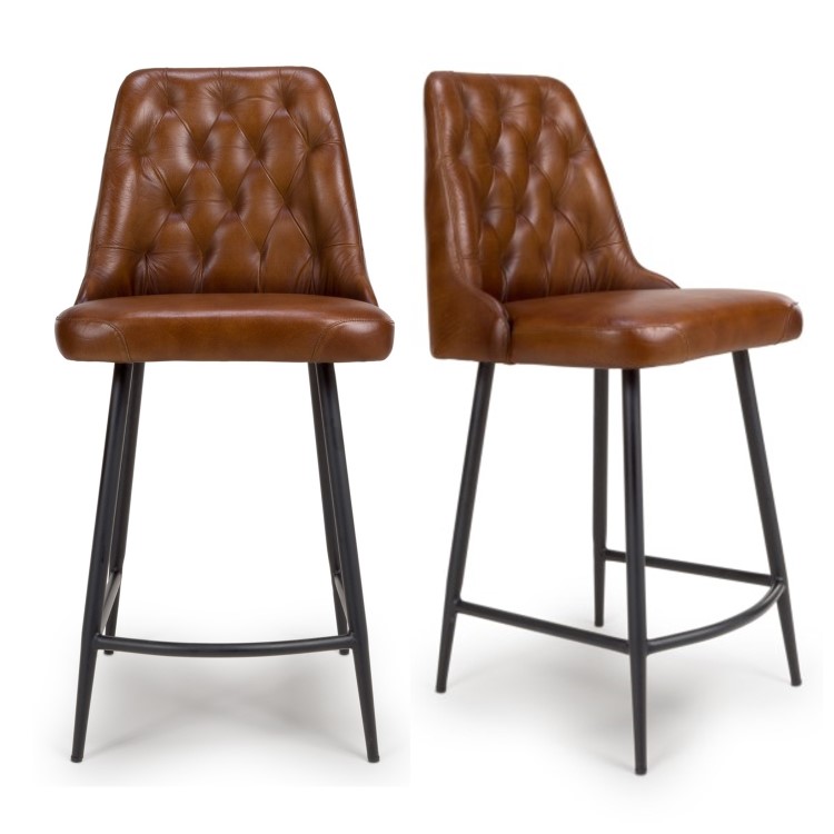 ALMOST PERFECT - Set Of 2 Real Leather Tan Kitchen Stools with Quilted Back - Jaxson