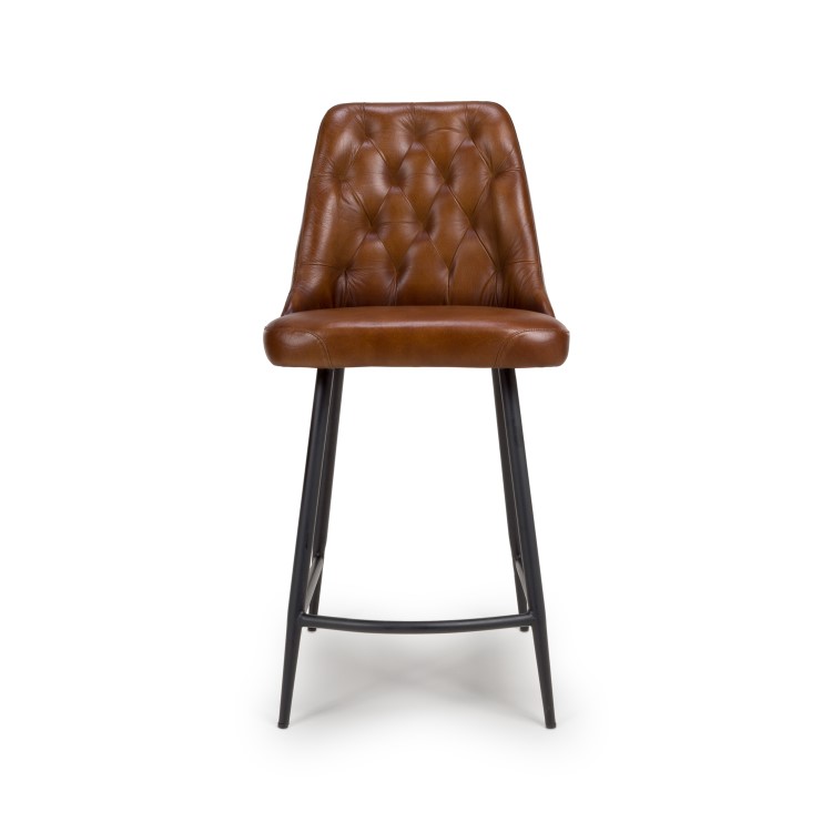 ALMOST PERFECT - Set Of 2 Real Leather Tan Kitchen Stools with Quilted Back - Jaxson
