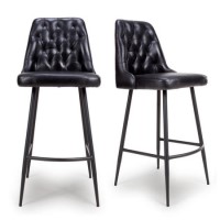 ALMOST PERFECT - Set Of 2 Real Leather Black Kitchen Stools with Quilted Back - Jaxson