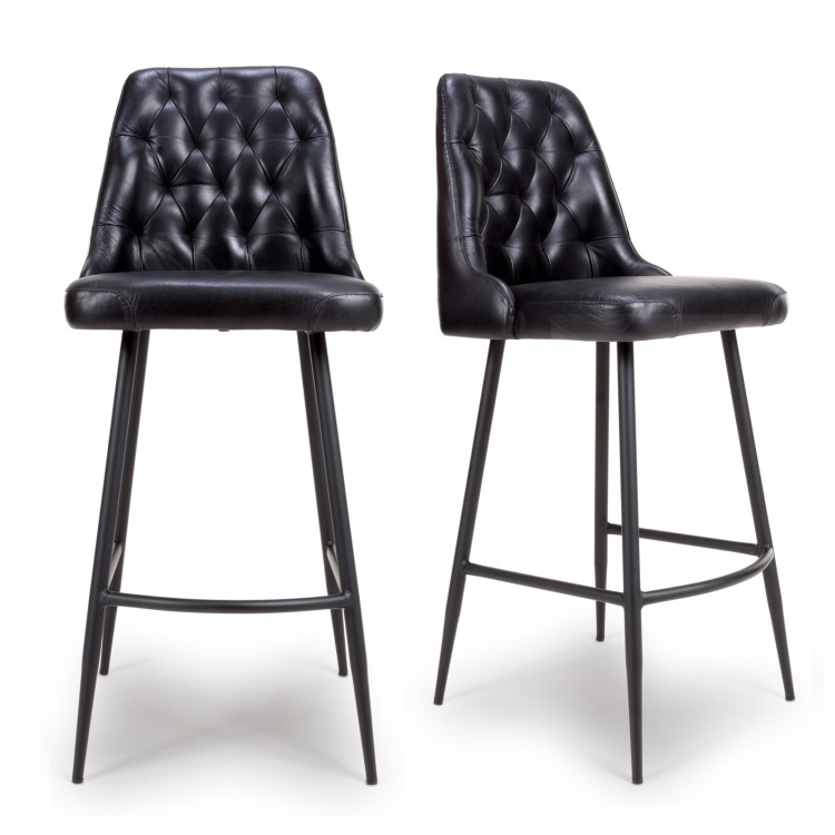 ALMOST PERFECT - Set Of 2 Real Leather Black Kitchen Stools with Quilted Back - Jaxson