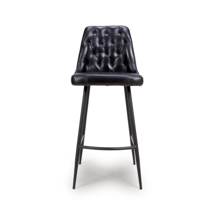 ALMOST PERFECT - Set Of 2 Real Leather Black Kitchen Stools with Quilted Back - Jaxson