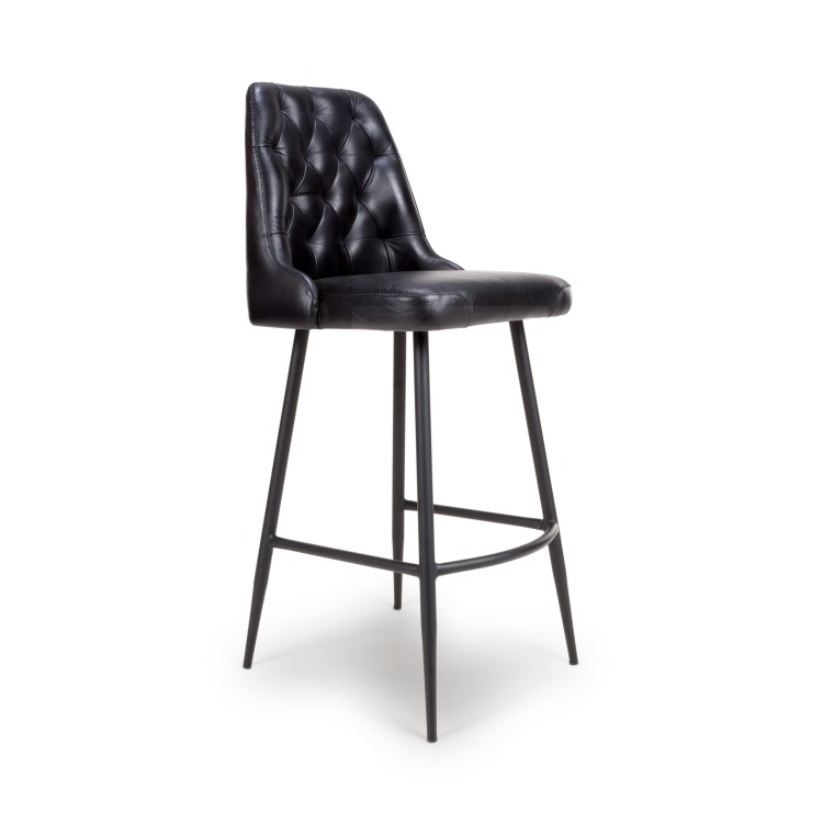 ALMOST PERFECT - Set Of 2 Real Leather Black Kitchen Stools with Quilted Back - Jaxson