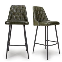 ONLY OPENED - Set of 2 Leather Green Kitchen Stools with Quilted Back - Jaxson
