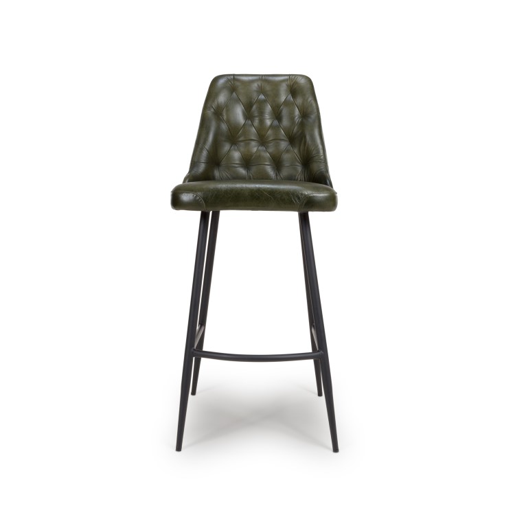 ONLY OPENED - Set of 2 Leather Green Kitchen Stools with Quilted Back - Jaxson