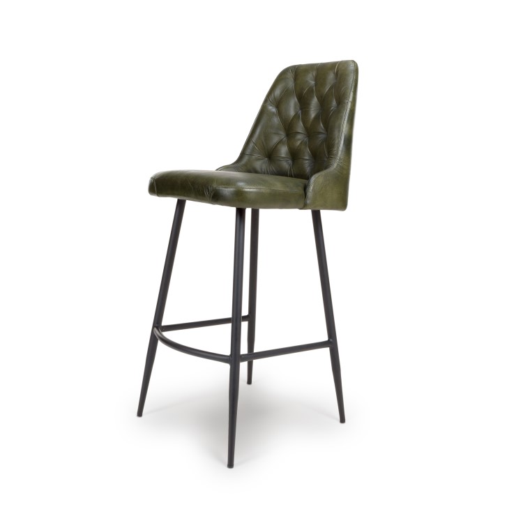 ONLY OPENED - Set of 2 Leather Green Kitchen Stools with Quilted Back - Jaxson
