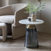 Round Marble with Blue Glass Base Side Table - Seville - Caspian House
