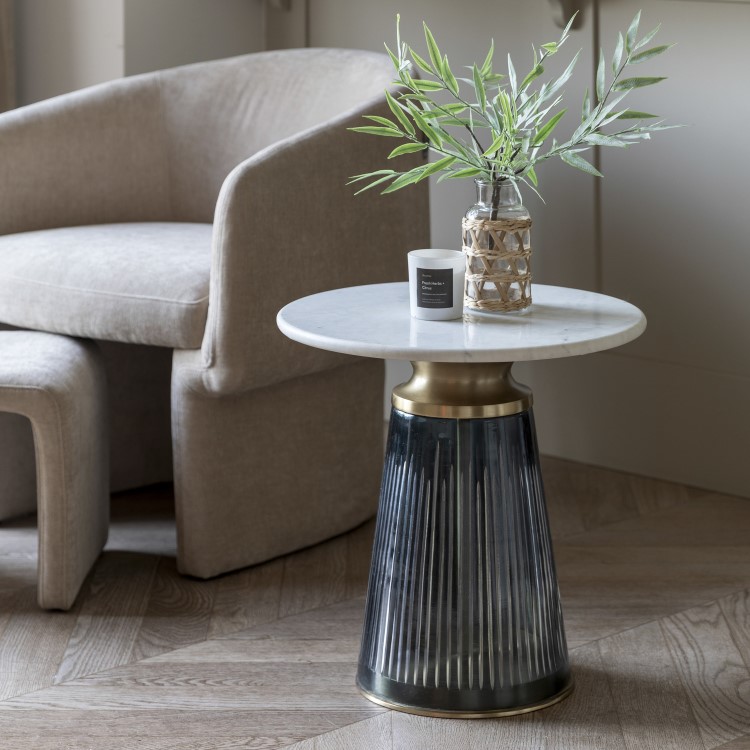 Round Marble with Blue Glass Base Side Table - Seville - Caspian House