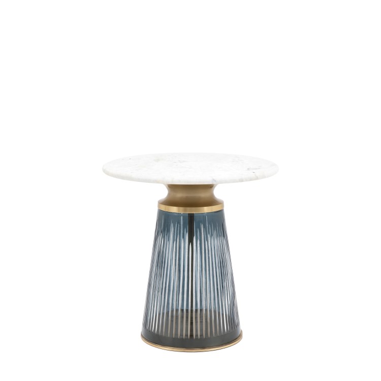 Round Marble with Blue Glass Base Side Table - Seville - Caspian House