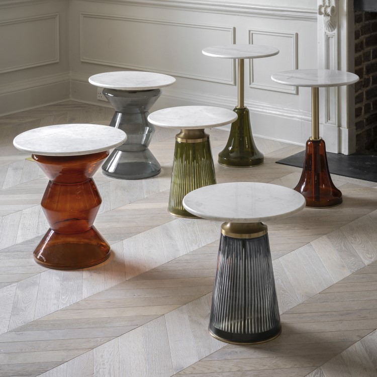 Round Marble with Blue Glass Base Side Table - Seville - Caspian House