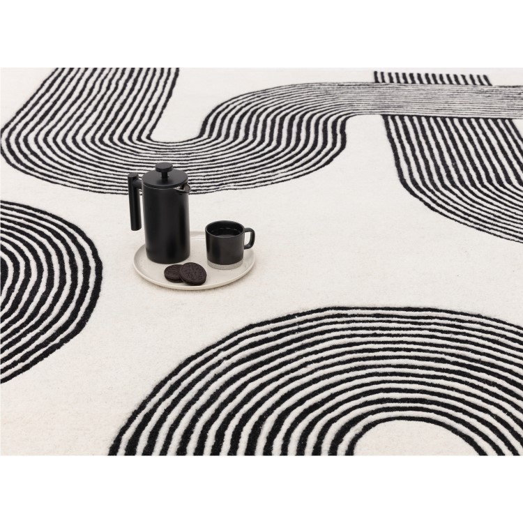 ALMOST PERFECT - Large Retro Geometric Black & Cream Rug with Abstract Lines - 300 x 200 cm - Arches - Matrix