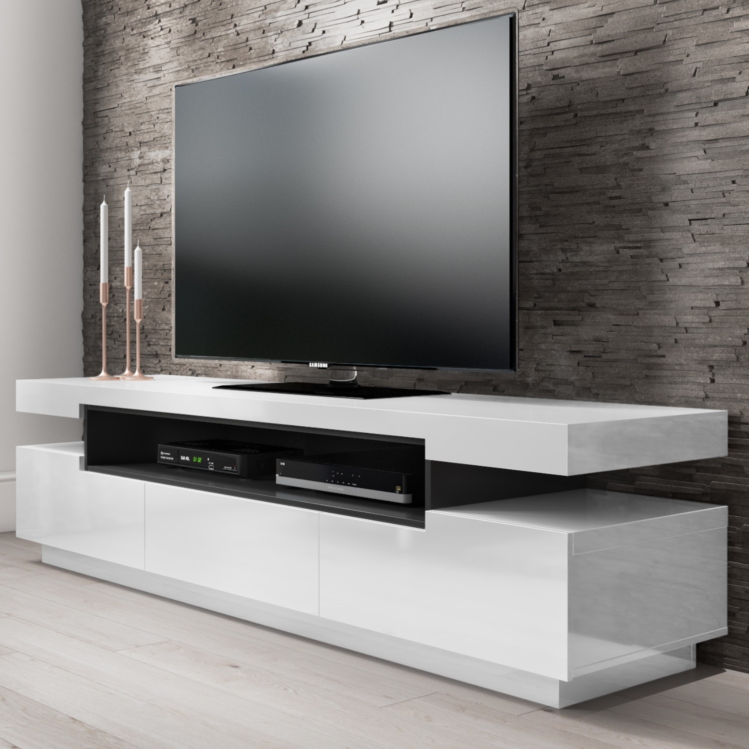 Large White Gloss TV Unit with Storage - TV's up to 83 - Harlow