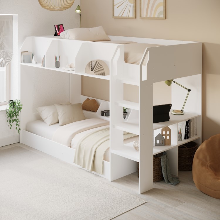 White Bunk Bed with Storage Shelves - Freddie