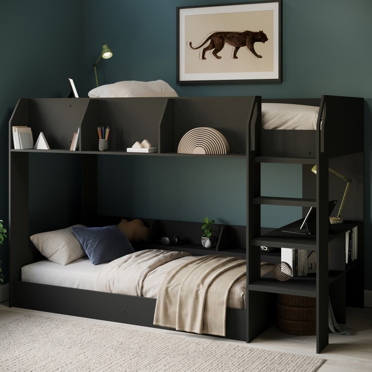 Black Bunk Bed with Storage Shelves - Freddie
