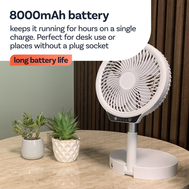 GRADE A1 - electriQ 6 inch Rechargeable and Foldable Quiet DC Fan with LED Light - Indoor or Outdoor