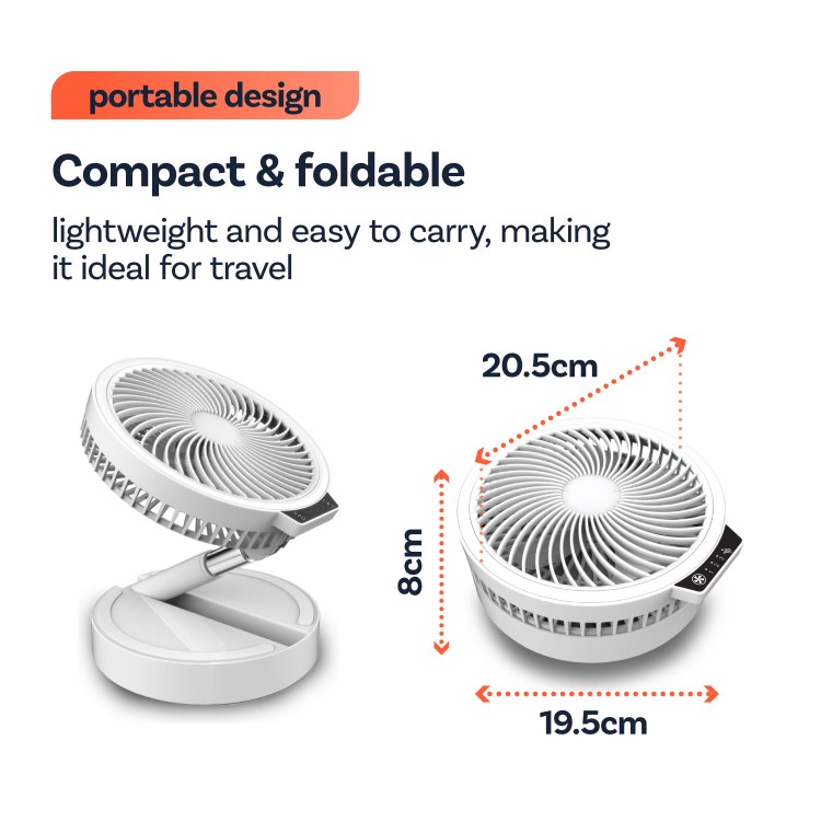 GRADE A1 - electriQ 6 inch Rechargeable and Foldable Quiet DC Fan with LED Light - Indoor or Outdoor
