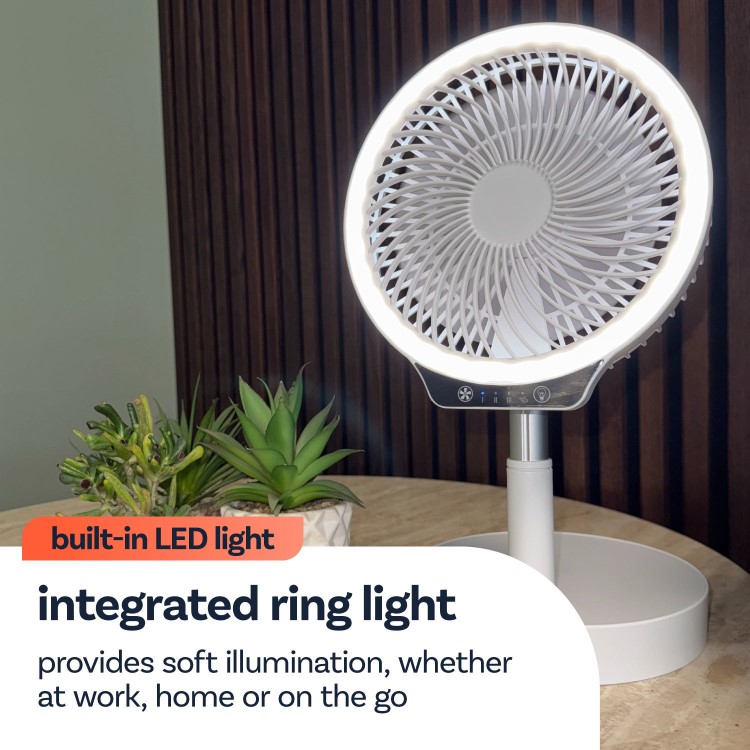 GRADE A1 - electriQ 6 inch Rechargeable and Foldable Quiet DC Fan with LED Light - Indoor or Outdoor