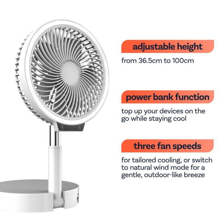 GRADE A1 - electriQ 6 inch Rechargeable and Foldable Quiet DC Fan with LED Light - Indoor or Outdoor