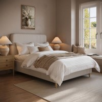Cream Striped Chenille Double Ottoman Bed with Curved Headboard - Farrow