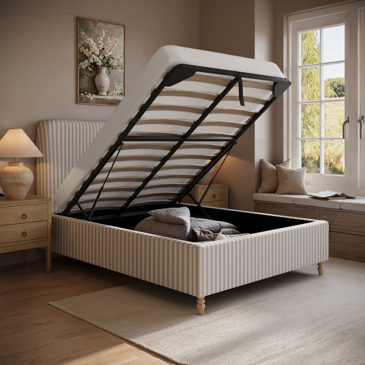 Cream Striped Chenille Double Ottoman Bed with Curved Headboard - Farrow