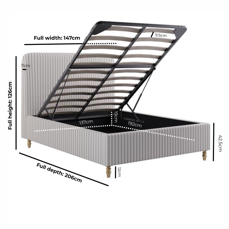Cream Striped Chenille Double Ottoman Bed with Curved Headboard - Farrow