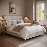 Beige Striped Chenille King Size Ottoman Bed with Curved Headboard - Farrow