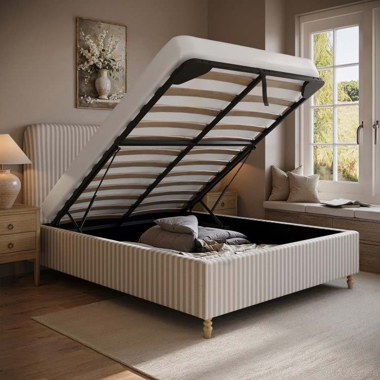 Beige Striped Chenille King Size Ottoman Bed with Curved Headboard - Farrow