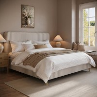 Beige Striped Upholstered Super King Ottoman Bed with Curved Headboard - Farrow