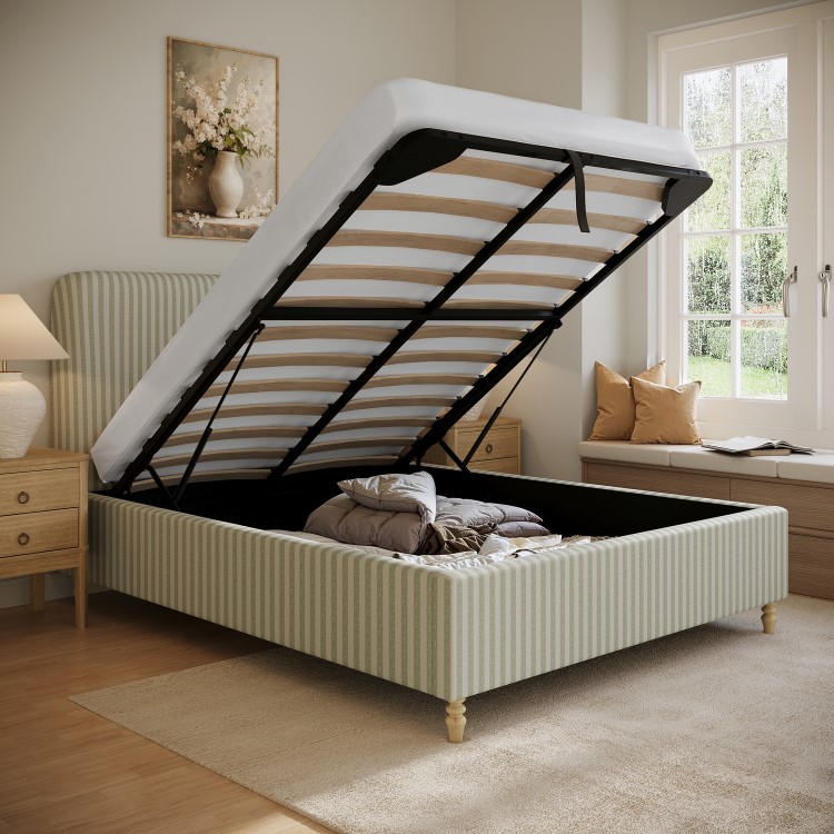 Sage Striped Chenille King Size Ottoman Bed with Curved Headboard - Farrow