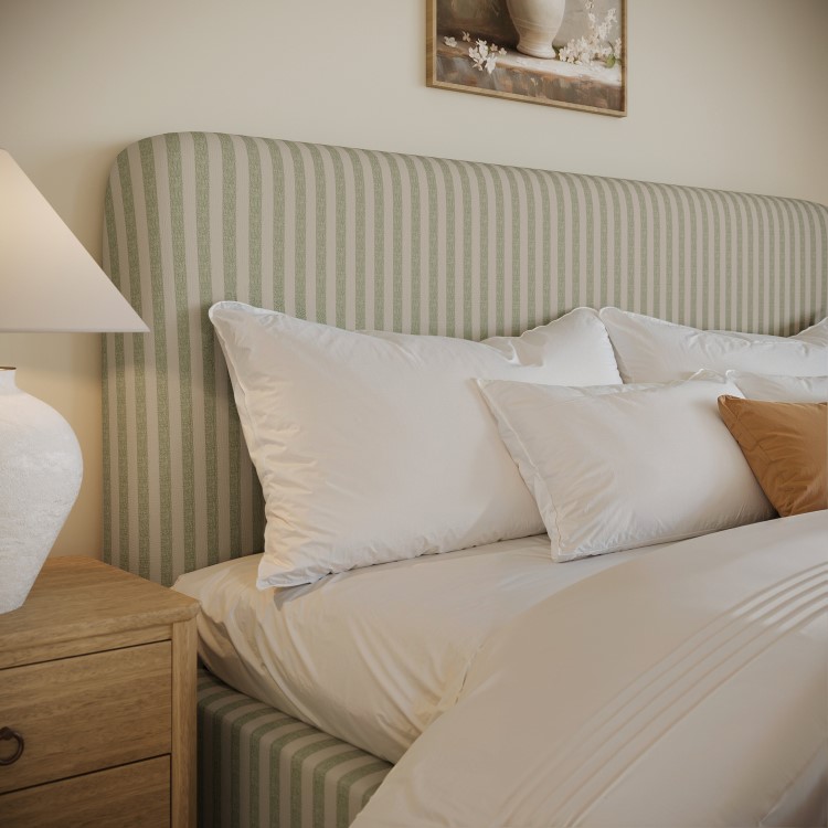 Sage Striped Chenille King Size Ottoman Bed with Curved Headboard - Farrow
