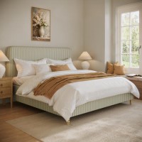 Sage Striped Upholstered Super King Ottoman Bed with Curved Headboard - Farrow