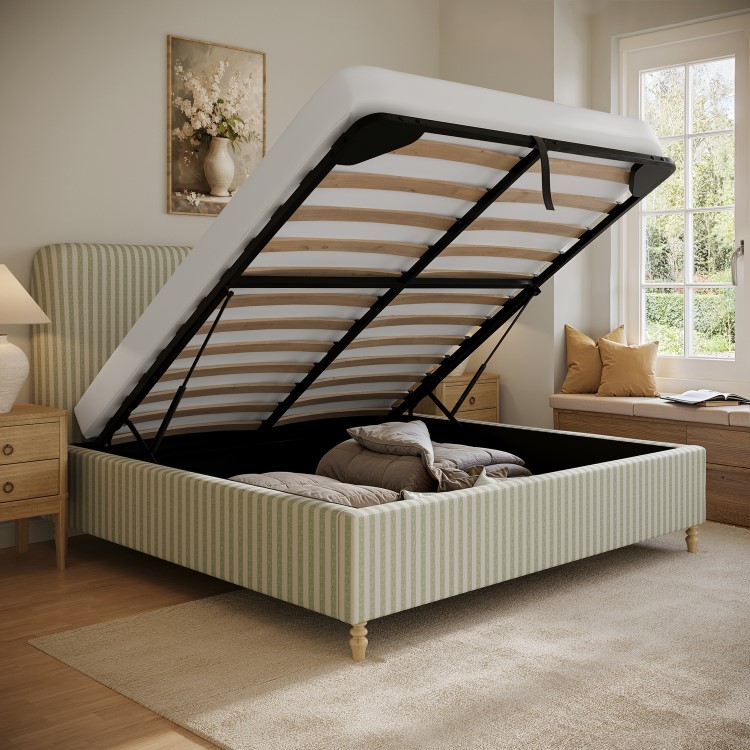 Sage Striped Upholstered Super King Ottoman Bed with Curved Headboard - Farrow