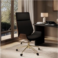 Black Faux Leather and Walnut Swivel Office Chair - Forest