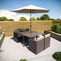 ONLY OPENED - Brown Rattan 6 Piece Garden Furniture Cube Dining Set - Parasol Included