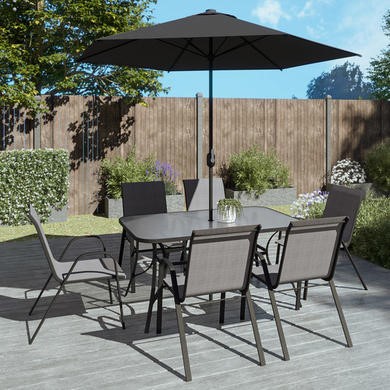 6 Seater Grey Metal Stackable Garden Dining Set With Parasol And Base Fortrose Itdirect Ie - 6 Seater Rattan Garden Furniture Set With Parasol