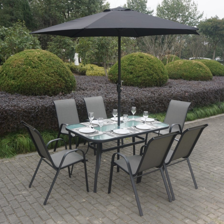 GRADE A1 - Black & Grey Metal 6 Seater Garden Furniture Set - Parasol