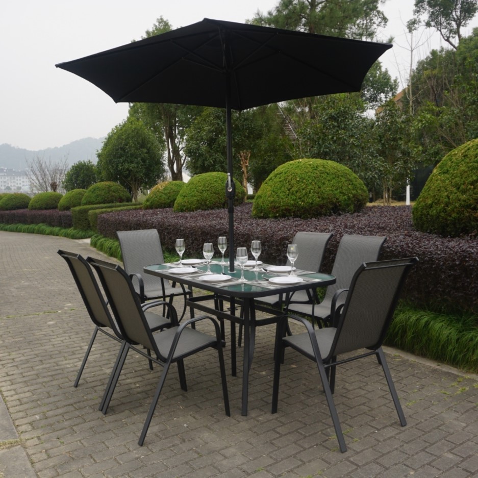 GRADE A1 - Black & Grey Metal 6 Seater Garden Furniture Set - Parasol