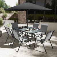 GRADE A1 - 6 Seater Grey Metal Stackable Garden Dining Set with Free Parasol and Base - Fortrose
