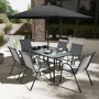 6 Seater Grey Metal Stackable Garden Dining Set with Free Parasol and Base - Fortrose