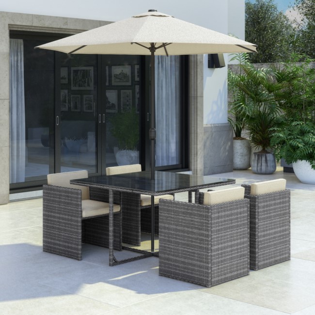 4 Seater Grey Rattan Cube Garden Dining Set - Parasol Included - Fortrose