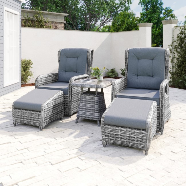 Dark Grey Rattan Reclining Sun Lounger Set with Table and Footstools - Aspen