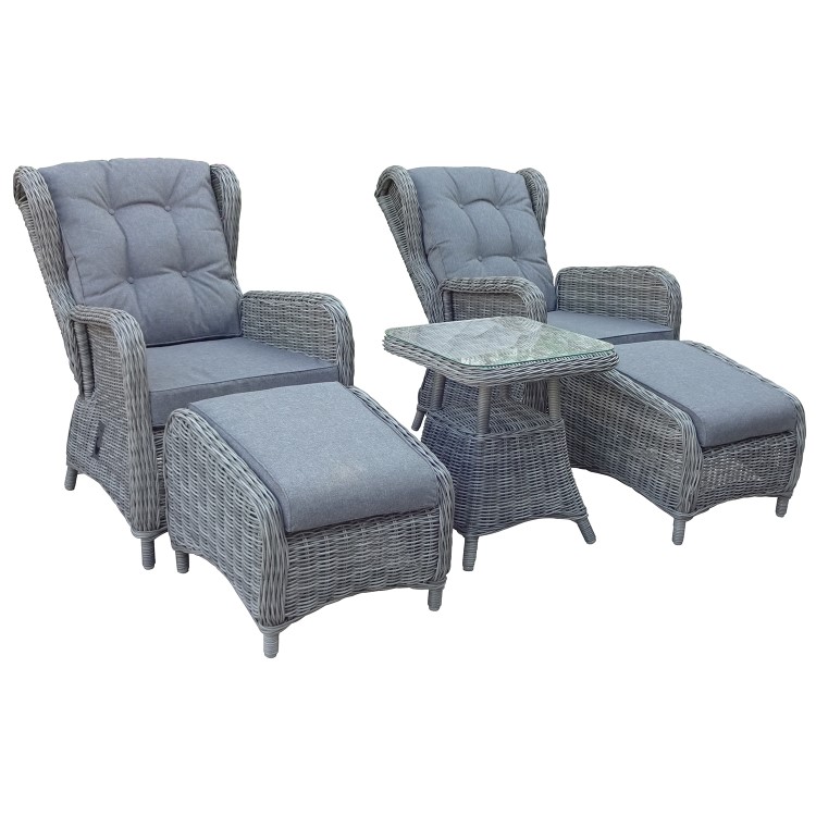 Dark Grey Rattan Reclining Sun Lounger Set with Table and Footstools - Aspen
