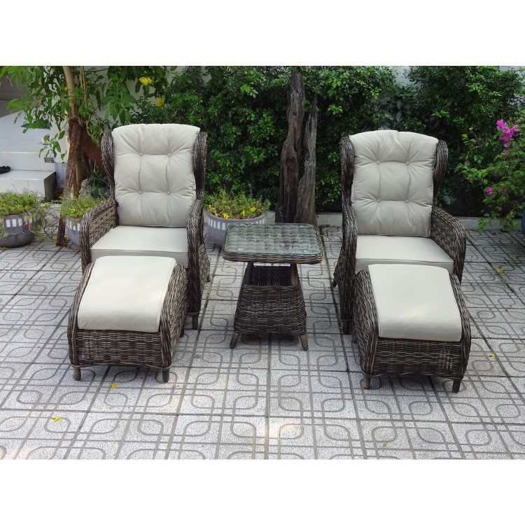 GRADE A1 - Reclining Rattan Garden Lounger Set in Brown with Table & Footstools - Aspen Range