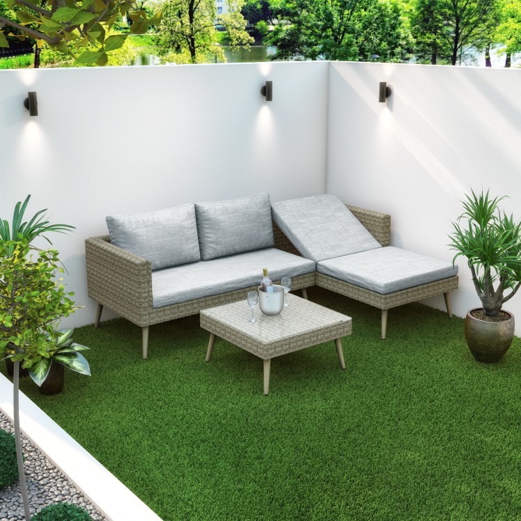 Rattan Garden Recliner Corner Sofa with Cushions & Table