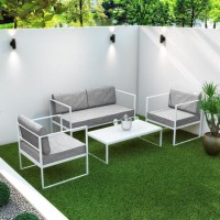 4 Piece White Metal Patio Garden Furniture Set with Table - Como