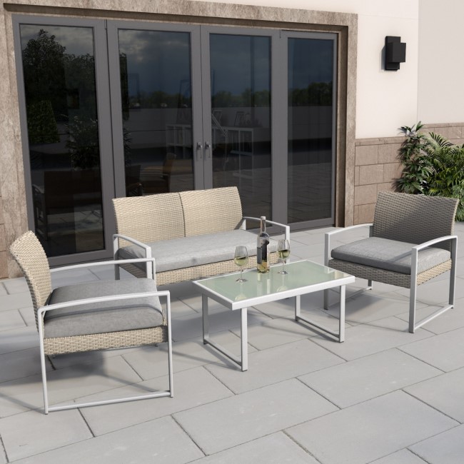 4 Piece Rattan Patio Outdoor Furniture Set with Grey Cushions & Table