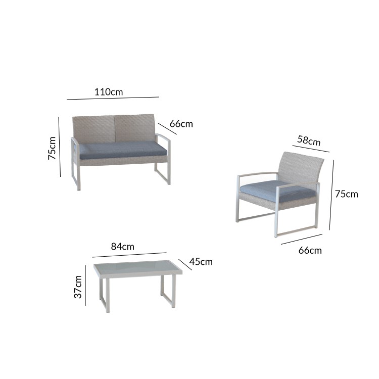 4 Piece Rattan Patio Outdoor Furniture Set with Grey Cushions & Table