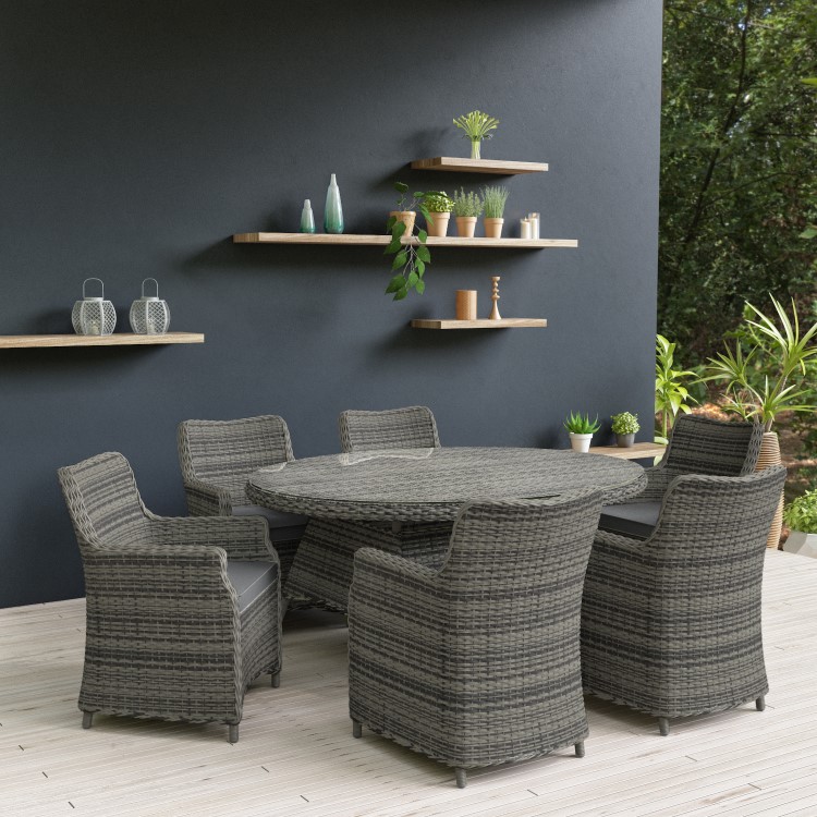 Rattan Garden Dining Table Set with 6 Chairs in Grey