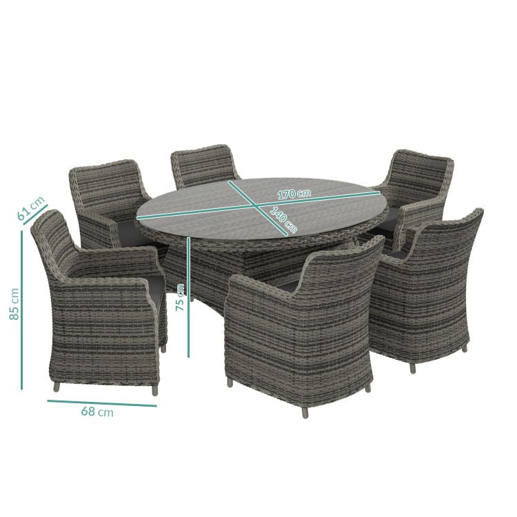 Rattan Garden Dining Table Set with 6 Chairs in Grey